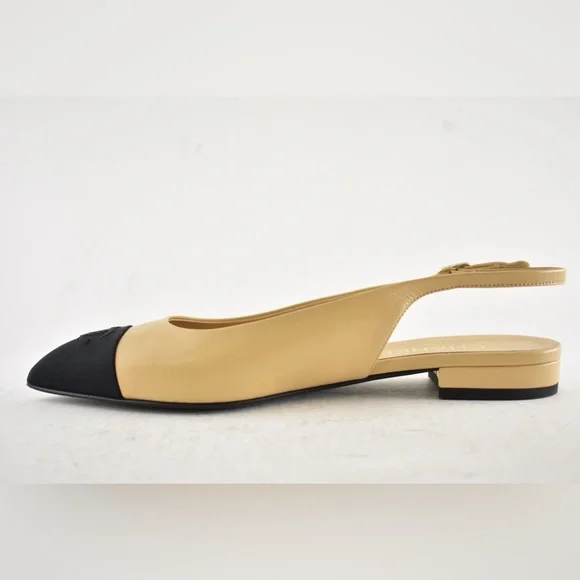 Chanel 24A Beige Leather Black CC Logo Coco Slingback Pointed Ballet Flat 39 - Picture 12 of 15